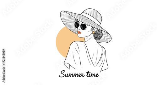 Stylish line art of a woman wearing a large sun hat and sunglasses, capturing a sophisticated summer fashion look with a minimal design.