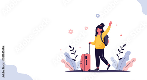Young woman waving goodbye while walking with a suitcase and backpack, ready for a travel adventure among simple floral elements.