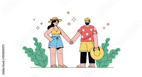 Happy couple in summer outfits holding hands and standing among large green leaves, enjoying a sunny day outdoors during their vacation.