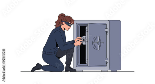 Sneaky female thief wearing a mask and dark clothing kneeling down to crack a large metal safe in a crime scene or heist concept.