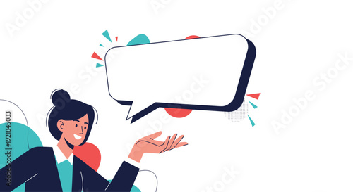 Professional woman in a business suit presenting an empty speech bubble for copy space, ideal for marketing or communication messages.