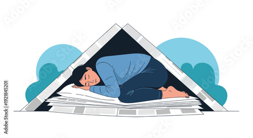 Homeless woman sleeping under a shelter made of newspapers, depicting poverty and social issues through a poignant illustration.