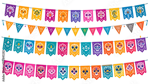 Colorful bunting flags displayed in a festive outdoor celebration arrangement isolated on transparent background