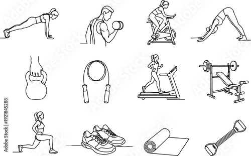 Fitness & Workout Icon Pack – Gym, Home Exercise, Yoga, Cardio & Bodyweight Line Art Vectors.
