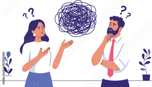 Confused business colleagues discussing complex problem with tangled thoughts