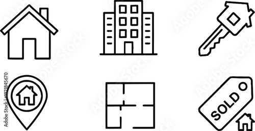 Real estate line icon set featuring house, apartment building, key, map location, floor plan and sold tag. Property sale and rental marketing.