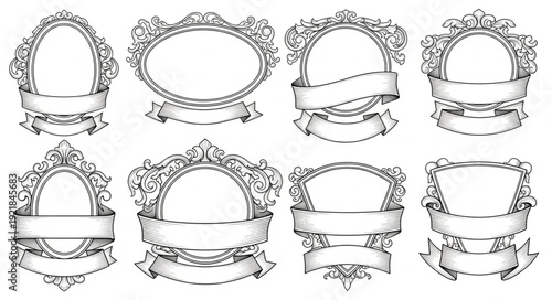 Collection of Ornate Decorative Frames and Ribbons in Black and White.