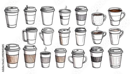 A diverse collection of illustrated human faces and objects in monochromatic tones isolated on transparent background