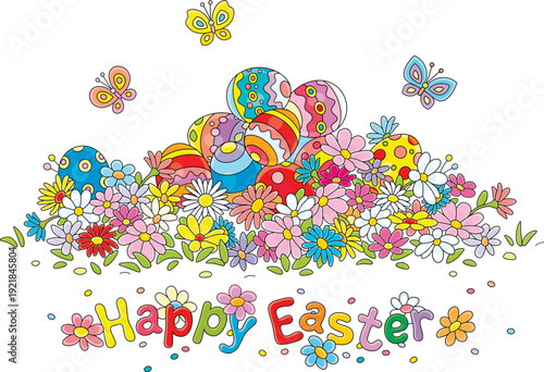 Easter card with a pile of colorfully painted gift eggs among spring flowers and small butterflies merrily fluttering around a pretty flowerbed, vector cartoon illustration on white