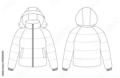 Front and back jacket technical drawing, jacket template for women winter outerwear design, clean flat outline ready for apparel branding and ecommerce use.