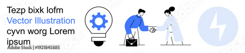 Business partnership, teamwork, innovation, technology concepts, professional collaboration, progress. Lightbulb with gear, handshake between two individuals lightning bolt icon. Business