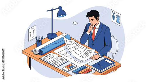 Professional male fashion designer sitting at a desk and reviewing clothing sketches with tools and fabric samples in a flat vector style.
