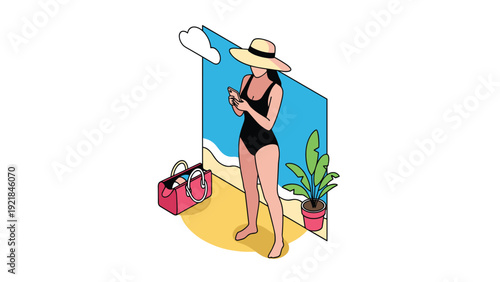 Young woman wearing a swimsuit and sun hat standing on a beach while using her smartphone with a scenic ocean background in flat style.