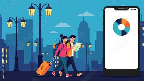 Young couple of tourists traveling together at night in the city with a map and luggage next to a large smartphone showing a pie chart.