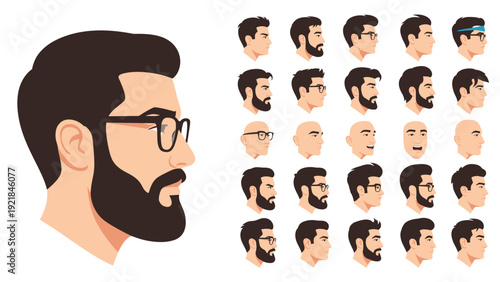 Head profile of a bearded man with glasses is presented alongside a collection of various male head icons with different hairstyles.