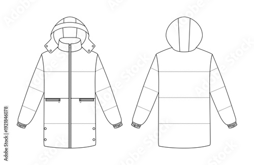 Front and back jacket technical drawing, jacket template for kids winter outerwear design, clean flat outline ready for apparel branding and ecommerce catalog use.
