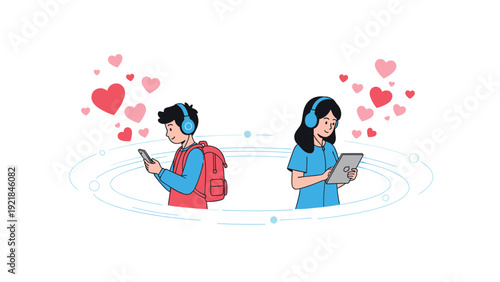 Young boy and girl using digital devices and wearing headphones while surrounded by floating hearts representing online love and connection.