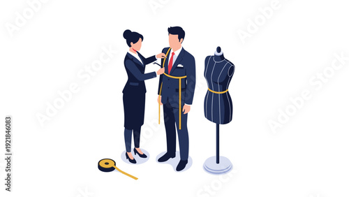 Female tailor taking measurements of a professional businessman for a custom-made suit with a mannequin and workshop tools in isometric view.