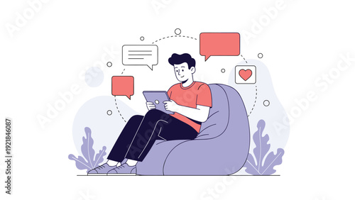 Young man relaxing on a beanbag chair while using a tablet with social media icons and message bubbles floating around him in a flat style.