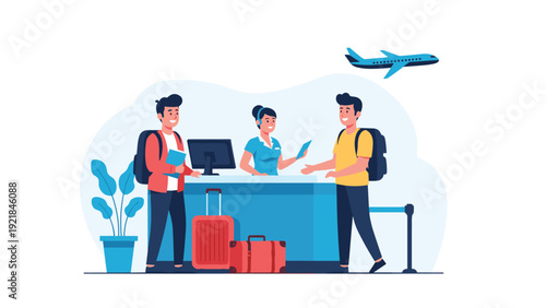 Two young male travelers with backpacks standing at an airport check-in counter and interacting with a female flight attendant staff member.
