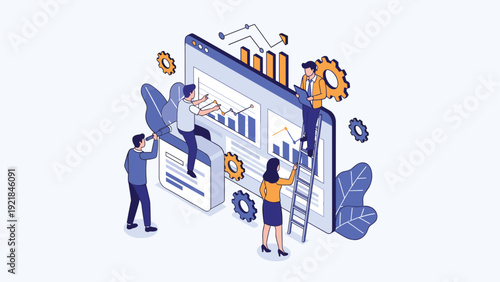 Team of business professionals collaborating on a giant web browser with data charts and gears for project optimization in isometric style.