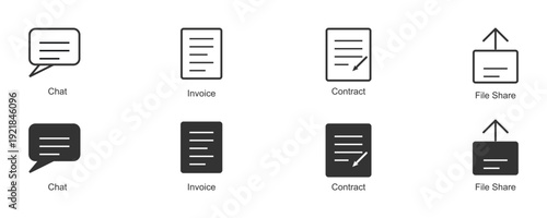 Collection of various document and speech bubble icons in black and white