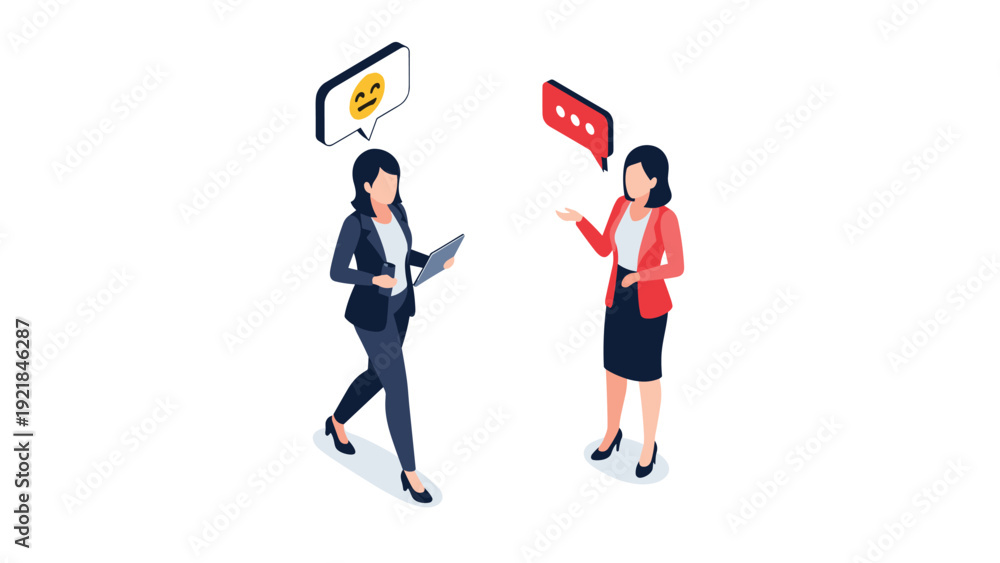 Fototapeta premium Two professional businesswomen in suits stand and talk to each other with emoji and speech bubbles above their heads.