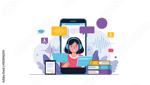 Online education concept features young woman with headset on mobile screen surrounded by books and learning icons.