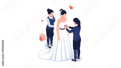 Fashion shop assistants help a bride in white wedding dress with final adjustments and tailoring for her marriage day.
