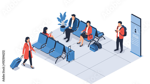 People wait in modern airport terminal lounge with blue chairs and suitcases while traveler walks toward boarding gate.