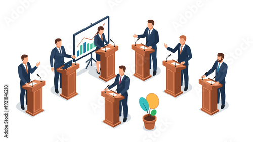 Group of business speakers stand at wooden lecterns during political debate or formal presentation with data screen.