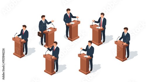 Collection of male business speakers standing behind wooden podiums during a public speaking event or press conference.