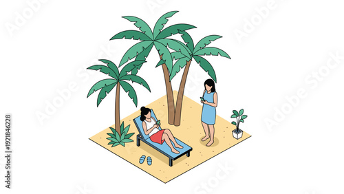 Two women relax on a tropical beach with palm trees while using smartphones for vacation photography and social media.