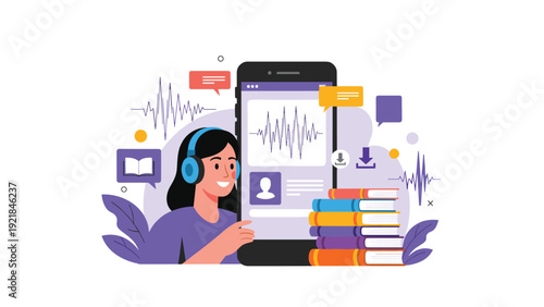 Cheerful young woman uses mobile application on large smartphone for audiobook listening and modern digital education.