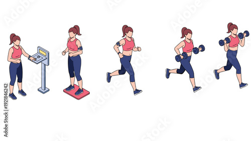 Sequence of woman performing various gym exercises shows fitness progress from checking weight to lifting heavy dumbbells.