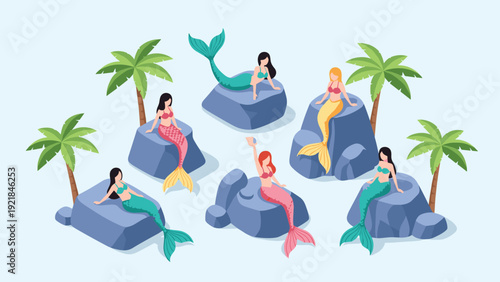 Group of beautiful mermaids with colorful tails sit on ocean rocks among palm trees in a magical tropical island setting.