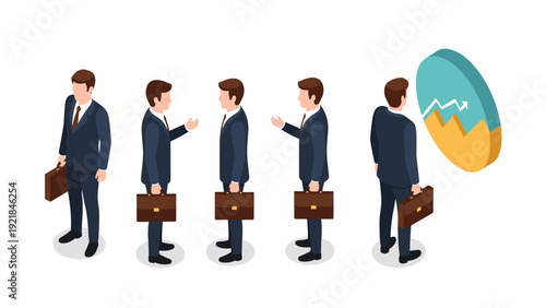 Corporate businessman with leather briefcase presented in five different isometric angles for character design and modeling.