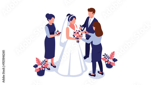 Bride in white wedding gown surrounded by bridesmaids helping with flower bouquets and dress during ceremony preparation.