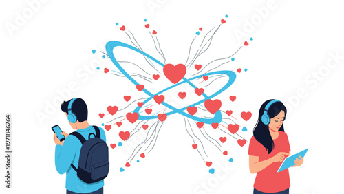 Young couple uses smartphones for online dating with floating red heart icons between them representing digital romance.