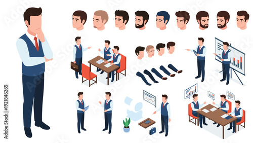 Thinking businessman character set features professional male in blue vest with various poses and office meeting scenes.