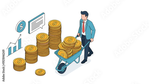 Wealthy businessman pushes blue wheelbarrow full of gold coins towards a stack of money for financial growth concept.