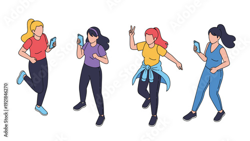 Four young women in athletic wear dance and move while holding smartphones for a social media video or fitness app story.