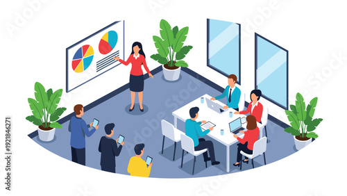 Professional businesswoman gives financial presentation with pie charts to a team of colleagues in a modern office room.