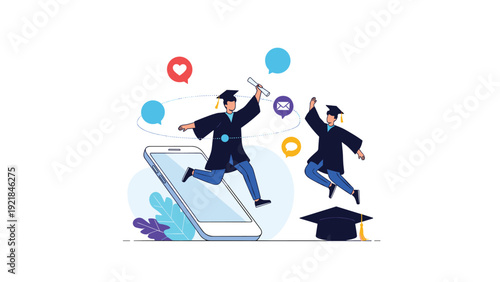 Graduation ceremony concept shows students in caps and gowns jumping out of smartphone screen with social media icons.
