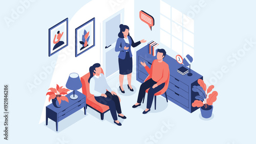Professional consultant or therapist talks to a couple in a cozy office setting for counseling and relationship support.