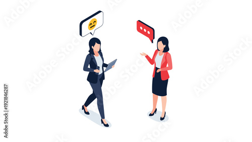 Two professional businesswomen in suits stand and talk to each other with emoji and speech bubbles above their heads.