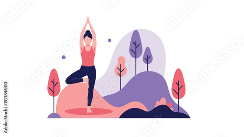Woman practicing tree yoga pose in stylized park with colorful trees and abstract landscape background design.