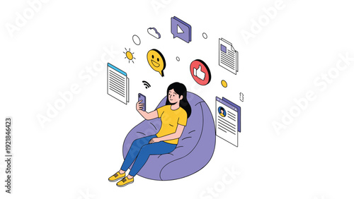 Young woman sitting comfortably in purple bean bag chair using smartphone with floating social media icons around.