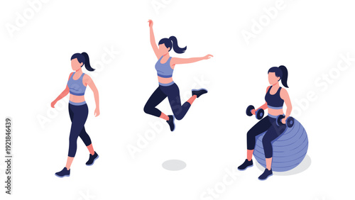 Isometric woman performing various fitness activities like walking, jumping, and exercising with a blue gym ball.