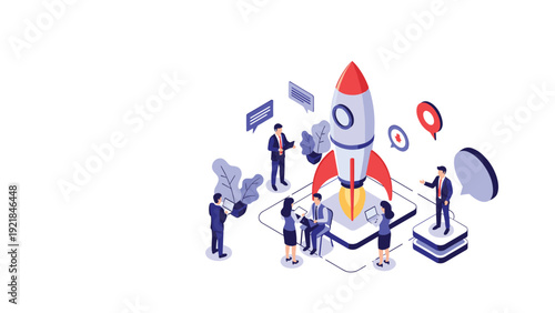 Business team working together around large rocket preparing for launch representing startup growth and success.